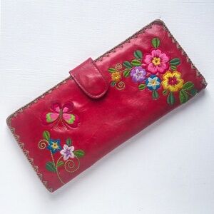 🇨🇦 LAVISHY Embroidered Floral Butterfly Wallet Red Vegan Leather Snap Closure